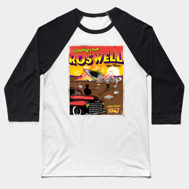 Greetings from Roswell 1947 UFO Crash Baseball T-Shirt by Strangeology